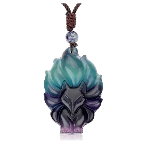 Natural Crystal Gemstone Fox Pendant Necklace - Fluorite (Nine-tailed Fox)