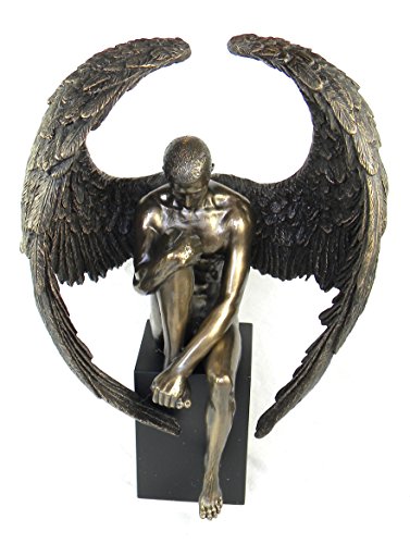 Resin Sculptures Bronze Finished Pensive Male Angel Statue On Black Base 7 X 10 X 4 Inches Bronze