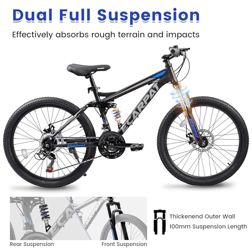 Image of Ecarpat 24 /26 /27.5 Inch Mountain Bike, Full /Front Suspension Mens Boys Mountain Bike with 21 Speed Steel Frame and Dual Disc Brakes, Adult Sport Bicycle for Trail City Road, Gift Choice