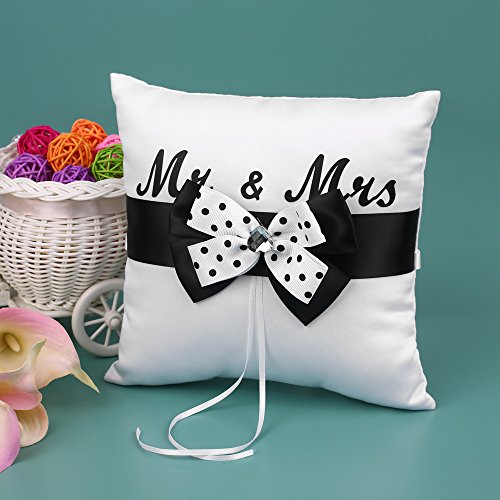 Baugger - 7 * 7 polegadas branco preto Bowknot cetim anel portador de travesseiro e casamento Flower