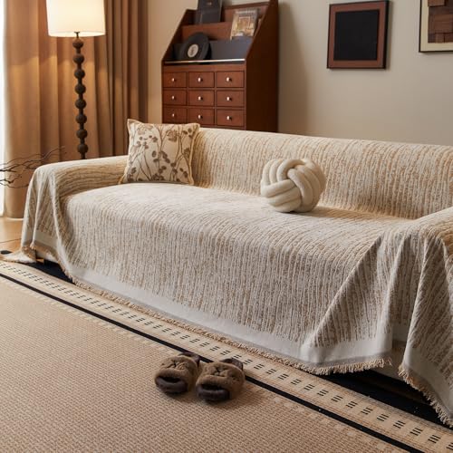 GEBIN Manta para Sofá con Flecos, Funda de Sofá de Chenilla Transpirable, Protector Cubresofá Suave y Lavable Anti Mascotas para Sofá Cama, Chaise Longue, 2 3 4 Plazas