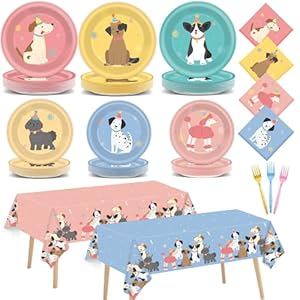 98Pcs Pet Dog Birthday Party Supplies Retro Puppy Themed Paper Plates Napkins Puppy Party Tableware Tablecloth Disposable Pet Dog Decorations Dinnerware for Kids Birthday Baby Shower Table Decor