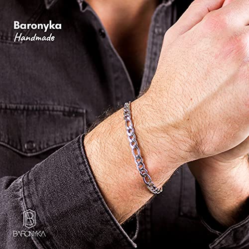 Baronyka Handmade Figaro Chain Bracelet For Men, Stainless Steel Link Cain Bracelet, 8" With Lobster Clasp, Waterproof Chain Link Bracelet (Silver) #TOP1