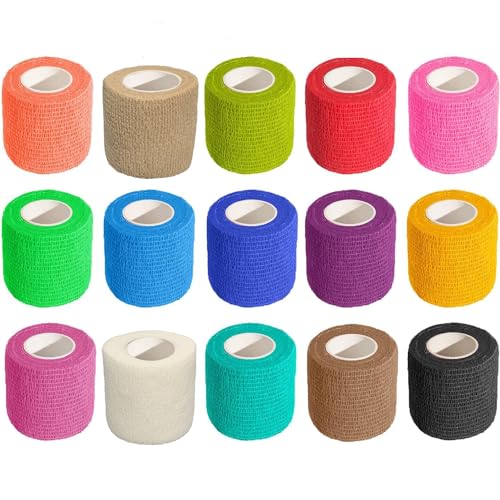 Self Adhesive Bandage Wrap 15Roll,Non-Woven Self Adherent Vet Wrap Tape,5CM x 4.5M Cohesive Bandage Tape for Wrist & Ankle,Elastic Grip Cover-15color