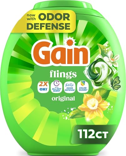 Gain Flings Liquid Washing Detergent Pods, Now with Odor Defense + Color Guard, Original Scent...