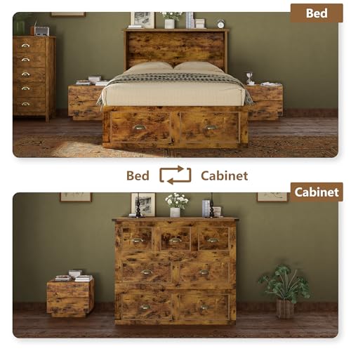 Image of AMERLIFE Twin Size Murphy Bed, Farmhouse Wooden Cabinet with Charging Station and Storage Drawer for Bedroom /Office /Guest Room, Rustic Brown