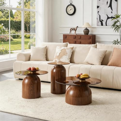 Table basse en verre noyer empilable pour optimiser l'espace des petits salons