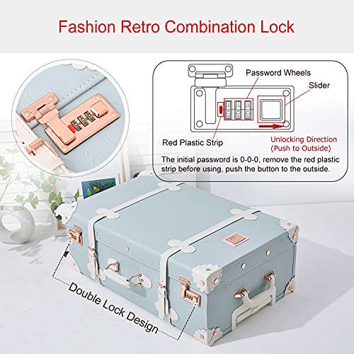 Image of UNIWALKER Vintage Suitcase Set for Women, 2 Piece Handcraft Leather Spinner Trunk Luggage with Cosmetic Train Case, 24 inch+12 inch, Embossed Blue