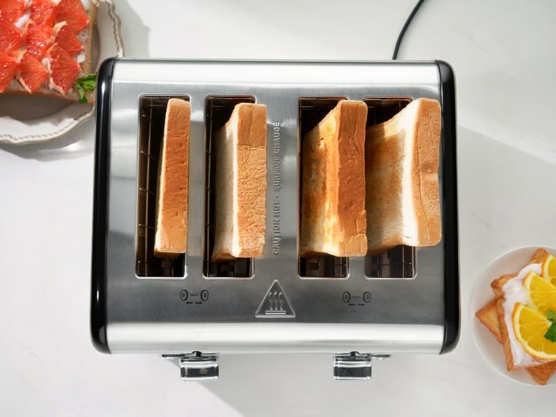 Miniatura 4 de Roter Mond Countdown - Tostadora de 4 rebanadas de acero inoxidable con bagel, descongelación, función de cancelación, tostadora doble, ranuras