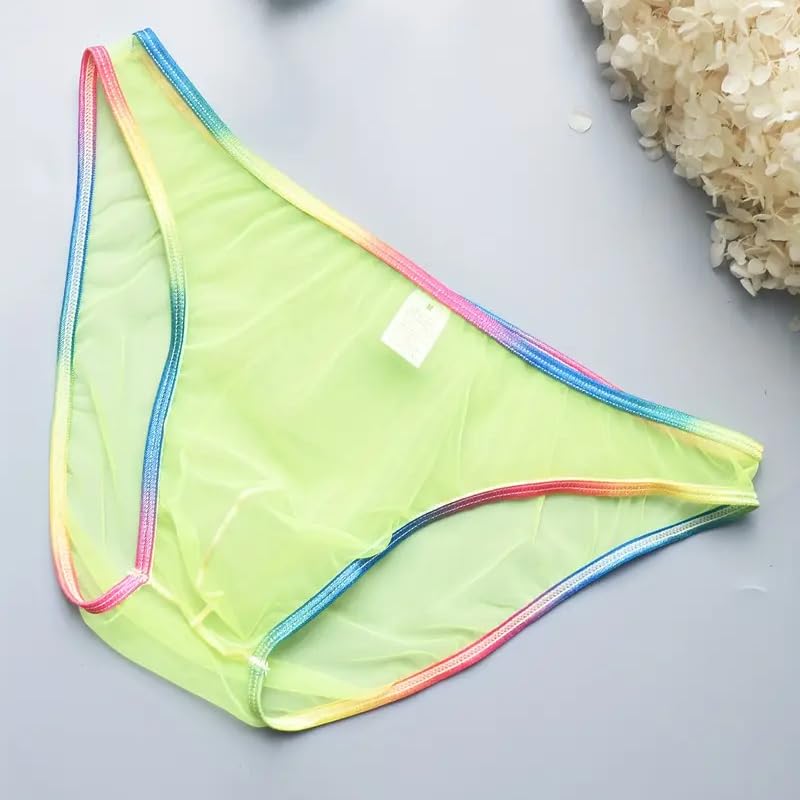3Pcs Men's Underwear Ultra Thin Transparent Rainbow Mesh Panties Colorful Borders Briefs, for Casual Attire4