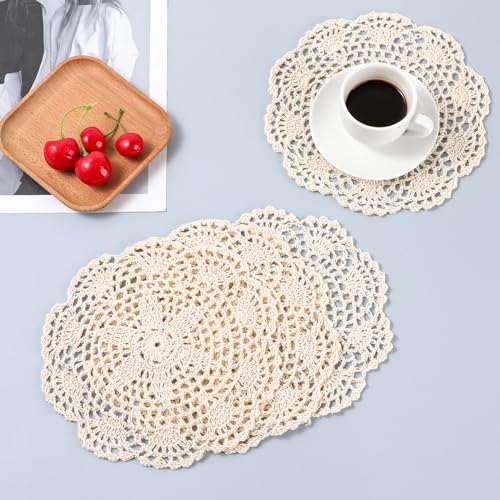 4 Stück Gestickte Tischläufer Vintage Häkel Deckchen Beige Spitzendeckchen Rund Baumwolle Spitze Tischsets 20 cm Gestrickte Tischdecke Kleine Häkeln Handgemacht Untersetzer für Küche Esszimmer,20cm