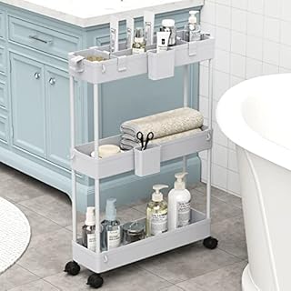 SPACEKEEPER Storage Trolley 3-Tier Rolling Utility Cart Storage Organization Slide Out Shelving Unit for Tight-Space Solution with Extra Accessories of Two Small Containers & Hooks Grey
