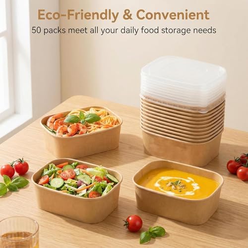 50 Pack Disposable Meal Prep Containers, 25oz Disposable Large Paper Bowls with Lids and Forks for Salad, Noodles, Freezer and Microwavable Storage Use Cardboard Food Containers - Image 6