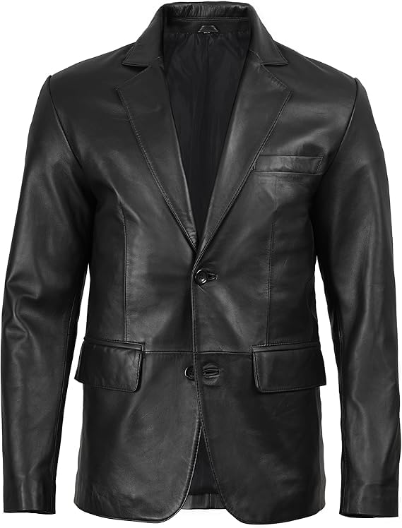 chava Men's Genuine Leather Blazer, Black, Notch Lapel, Two-Button Closure, Regular Fit, Smart Casual Style-picture-45