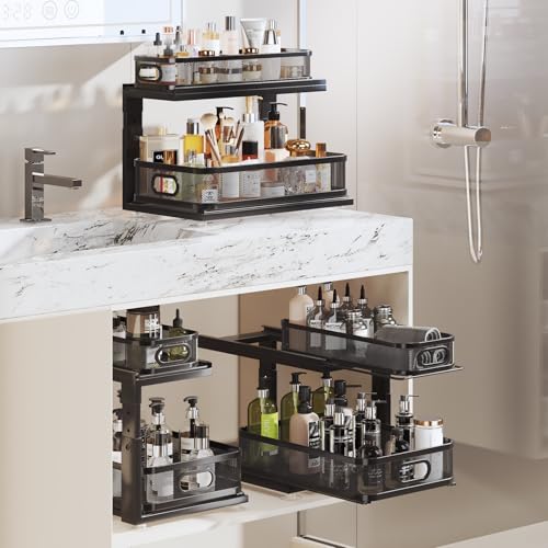 Image of 2 Pack 18.5IN-Depth Under Sink Organizer With Next-Gen Ball-Bearing Slides,2-Tier Precision Mesh Pull Out Cabinet Storage for Bathroom&Kitchen,Height Adjustable Drawers Shelf,Anti-rust-Black