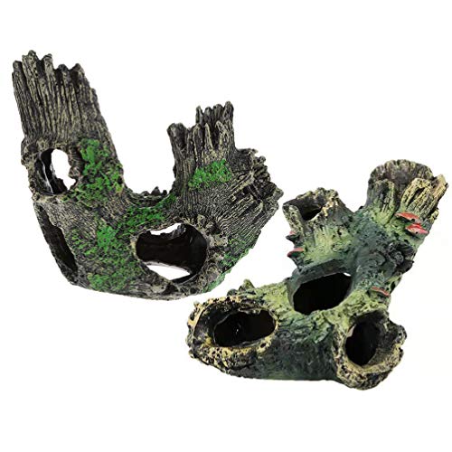 POPETPOP 2pcs Fish Hideout Resin Hollow Tree Fish Tank Aquarium Ornament Tree Trunke Ornament Betta Fish Accessories Shrimp Shelter Habitat for Home Fish Tank Aquarium (Green)