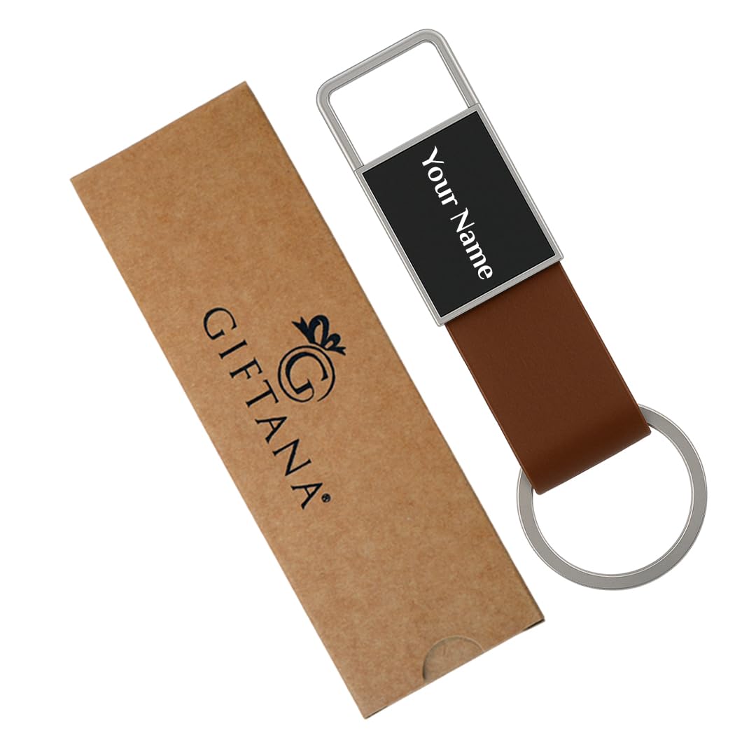 Giftana Personalized Keychain with Name, Customized Leather Strap Steel Keychain for Home Door and Bike, Personalised Birt