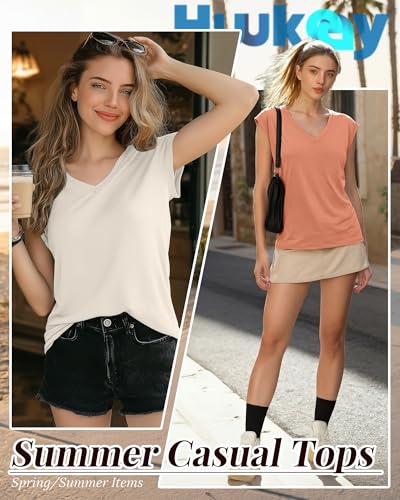 Image of Huukeay 3 Pack Women's V Neck Cap Sleeve T Shirts | Short Sleeve Basic Tees, Loose Fit Soft Tops for Women, Casual Lightweight Shirts, Everyday Summer Clothes