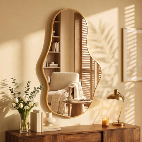 Image of Dorlicecass Irregular Wall Mirror - Wall Mirrors Decorative 24 inchx 40 inch Asymmetrical Abstract Mirror Aviation Aluminum Alloy Frame Unique for Bathroom, Bedroom, Living Room, Cloakroom, Entryway Gold