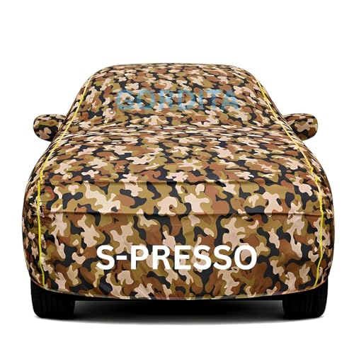 Image of Waterproof Car Body Cover for S-Presso All Weather Protection Comes with Inner Cotton Lining & Triple Stitched with Mirror & Antenna Pocket Belt & Elastic Fit Army with Yellow Piping2