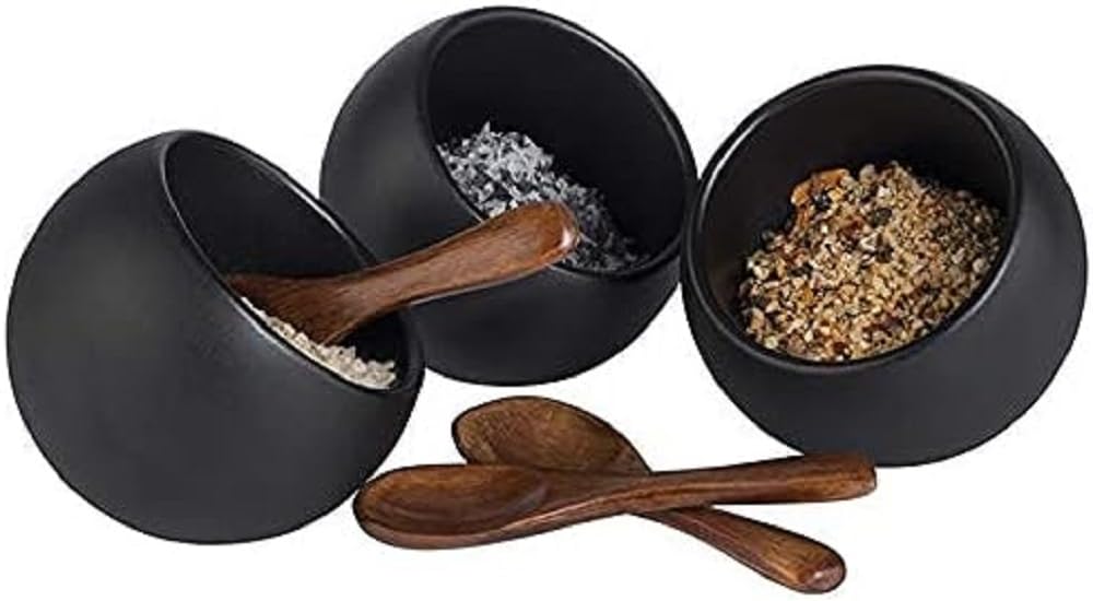 APS Service de Table Moon - Ensemble de 6 pièces : 3 Bols en mélamine (Ø 8cm) + 3 cuillères en Bois, Noir
