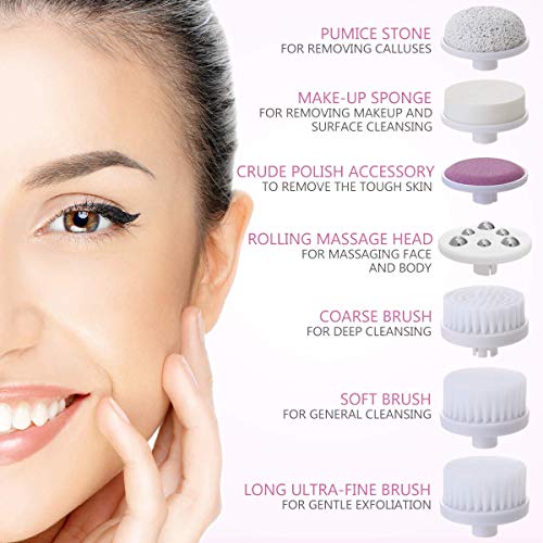 Face Brush, PIXNOR P2017 New 7in1 Facial Cleansing Brushes Waterproof and Electric for Deep Cleansing, Gentle Exfoliating, Removing Blackhead and Massaging (Rosy Red)