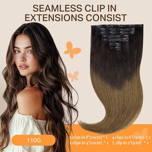 Image of DOORES Seamless Clip-in Hair Extensions, Chocolate Dip Color Melt 110g 7pcs 18 Inch, Invisi Edge Remy Natural Straight Hair