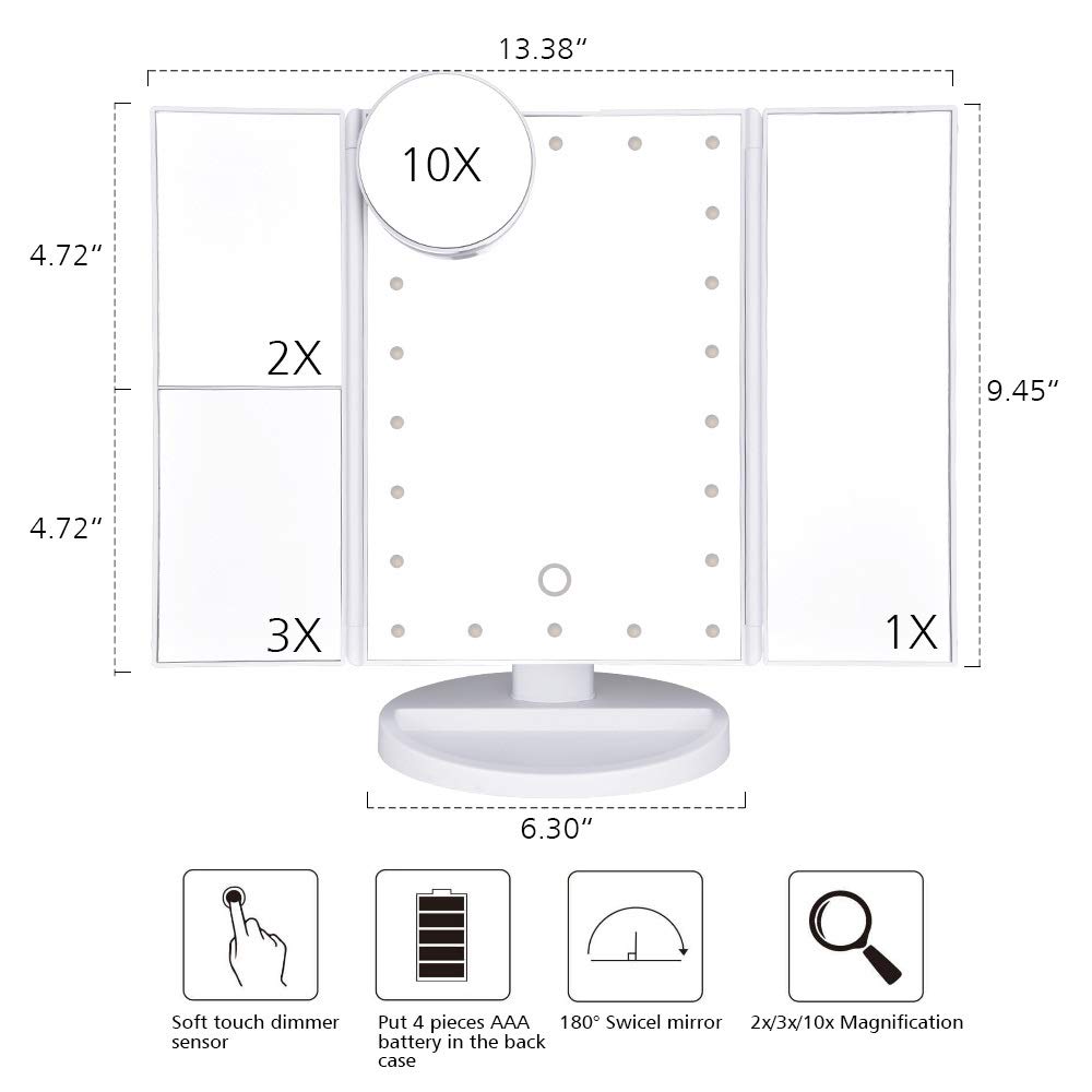 Lusterko kosmetyczne, Lustro do makijażu z ekranem dotykowym LED 1X / 2X 3X 10X, szkło powiększające, składane lusterko kosmetyczne(Pink)