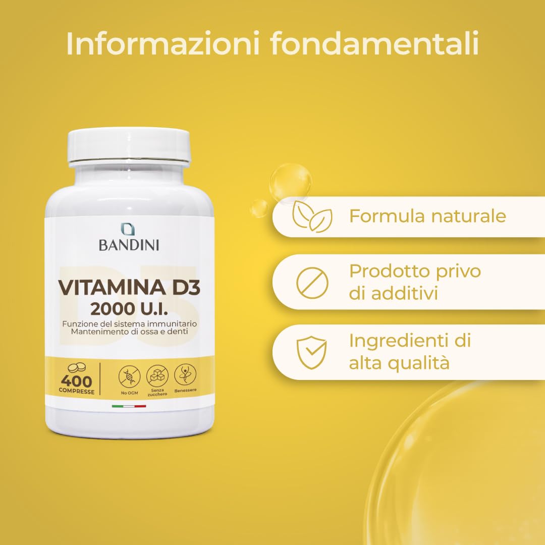 Bandini® Vitamina D 60.000 UI/mese 400 Compresse (+1 Anno), Difese Immunitarie, Salute di Ossa, Denti e Muscoli, Metabolismo del Calcio, 50 mcg di Colecalciferolo, Vitamin D3 Pura ad Alto Dosaggio