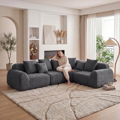 Image of KEIKI 118 inch Oversized Cloud Sectional Couches for Living Room, Comfy Velvet Curved Sectional Boneless L-Shape Chaise Sofa with Compression Memory Foam, No Assembly Modular Sofa for Home Space, Grey