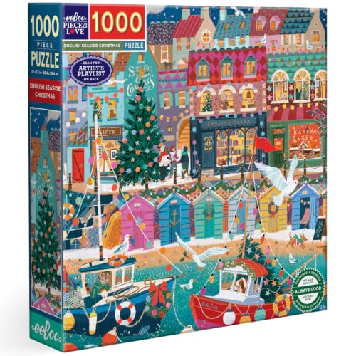 Image of eeBoo English Seaside Christmas 1000 Piece Square Jigsaw Puzzle, 23 inch x 23 inch