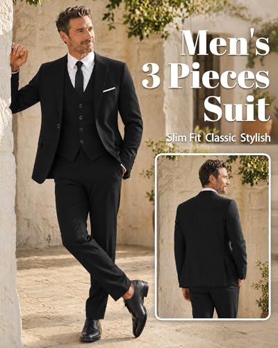 Image of MY'S Men's 3 Piece Suit Set with Tie, One Button Slim Fit Solid Jacket Vest Pants, Prom Party Wedding Business Suits for Men