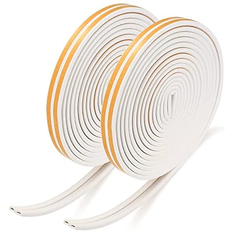 2 Roll Door Window Draught Excluder Tape, 9x6 mm Total 20m/65 ft Draft Excluder Strips Self-Adhesive Door Weather Stripping, Type D Door Window Seal Strip Soundproof Waterproof Dustproof Insulation Cover