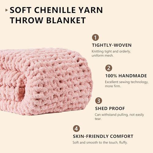 L'AGRATY Chunky Knit Blanket Throw: 80''x90'' Chenille Chunky Knitted Throw Blanket for Bed Couch - Handmade Thick Big Cable Knit Blanket - Large Chunky Crochet Rope Blanket for Home Decor(Pink)