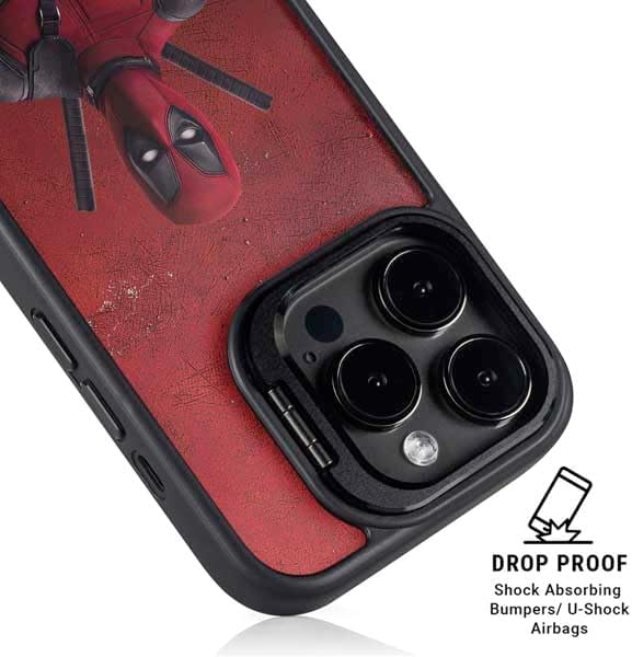 Skinit Kickstand Phone Case Compatible with iPhone 15 Pro - Officially Licensed Marvel Deadpool Legacy Deadpool Red Poster Design