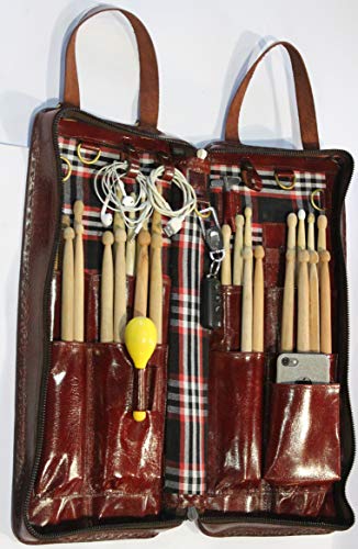 WerKens Hand Made Leather Drumstick Bag Hand Stiched Percussion Drum Stick Bag Holder Mallet Bag Adjustable Floor Tom Hooks,Carrying Strap, Ample Space for Accessories -\"The Diwo\"