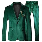 MAGE MALE Men's 2 Piece Velvet Suit One Button Tuxedo Slim Fit Luxurious Blazer Party Dinner Jacket & Pants Dark Green