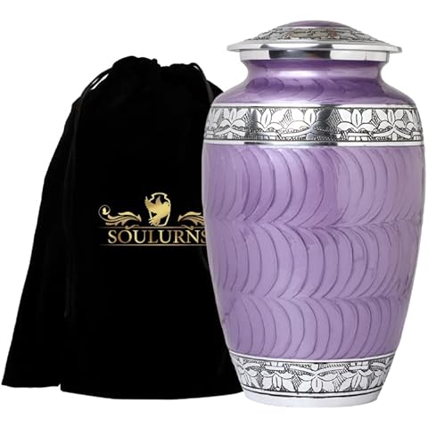 Purple Cremation Urn for Adult Ashes- Handcrafted Large Urns for Human Container Men & Women- Decorative Metal Funeral Burial Vase with Velvet Bag Cover