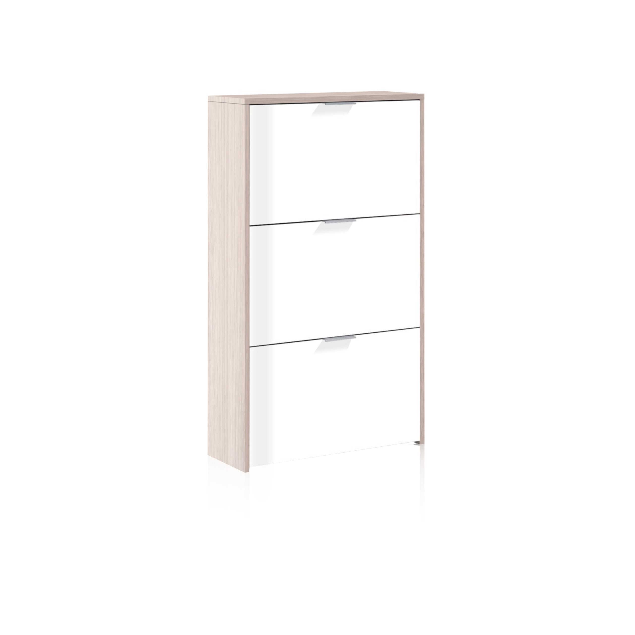 duehome | Zapatero 3 Puertas, Zapatero Estrecho, Acabado en Color Blanco Brillo y Roble Canadian, Modelo Remi, Medidas: 60 cm (Largo) x 113 cm (Alto) x 22 cm (Fondo)