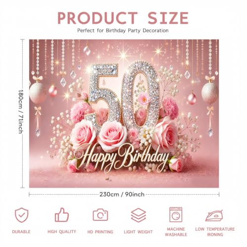 Image of Nuxovilar 50th Birthday Banner - Elegant Pink & Gold Floral Backdrop