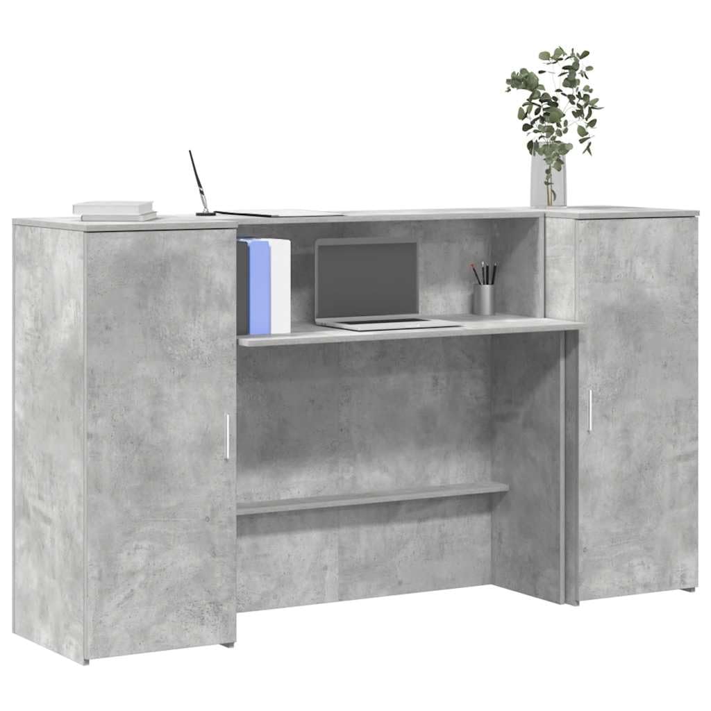 Mesita de recepción de madera gris hormigón 180 x 50 x 103,5 cm con espacio de almacenamiento y mostrador para oficina, oficina en casa, juegos, lugar de trabajo, ergonómico y ahorra espacio