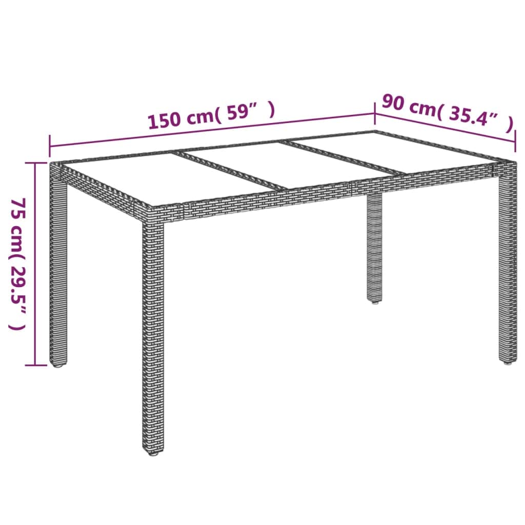 Mesa de jardín con tablero de cristal gris, 150 x 90 x 75 cm, polirratán, mesa de jardín para terraza con marco de acero pulverizado y placa de cristal duro, fácil de limpiar y resistente al