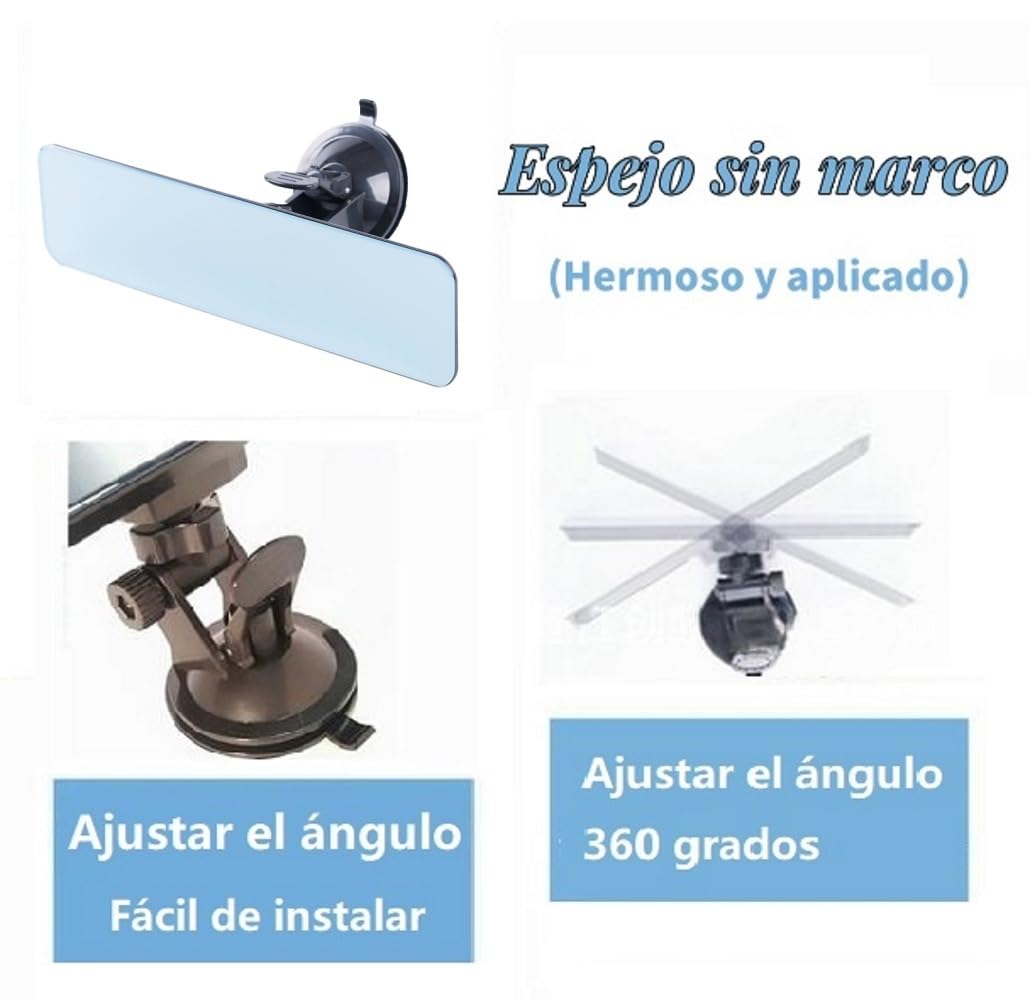 24 * 6,5cm Espejo Retrovisor Cuadrado Antideslumbrante sin Marco con Ventosa, Espejo Azul Universal de Coche, Espejo Plano de Gran Ángular, Eje Cardán con Ángulo Ajustable