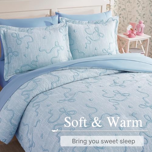 Image of Queen Comforter Set - 7 Pieces Bow Jacquard Bed in a Bag Queen Bedding Set | Cottage Core Queen Bed Set for Girls, All Season Bed in a Bag with Comforter, Sheets, Pillowcases & Shams, Light Blue