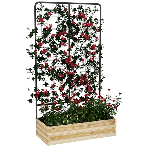 Outsunny Letto per Orto Rialzato da Esterno, Fioriera da Esterno con Traliccio, Fori di Drenaggio e Tessuto non Tessuto per Piante Rampicanti in Abete e Acciaio, per Fiori Verdure, Nero e Color Legno