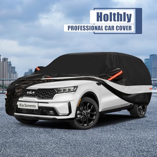 Image of Holhtly Car Cover Custom Fit for Kia Sorento, Car Covers for Automobiles All Weather Waterproof Sun Snow Rain Wind Dust Protection, Outdoor Car Cover Black & Grey