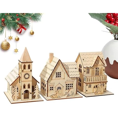 LAFANDE Christmas Wooden House, Christmas Scene House Light Up, Luminous Figurines Tabletop Ornaments, LEDs Wooden House Snow Covered Cottage Village Indoor Christmas Decorations Cover