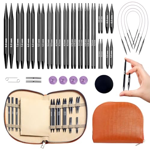 Yarniss 15 Pairs Circular Knitting Needle Combo, 4.5-Inch Round Knitting Needle 3.0~8.0mm, 2.16-Inch Shorties Needles US Size 2.5-10, Interchangeable Aluminum Cable Needles with Case