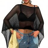 Women Sheer Poncho Top Lightweight Knit Crochet Shrug Bolero Mesh Batwing Sleeve Sweater Cover Up Beachwear