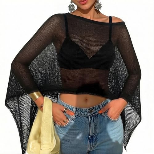 Argeousgor - Women Sheer Poncho Top - Lightweight Knit Crochet Shrug Bolero Mesh Batwing Sleeve Sweater Cover Up Beachwear (23% Off Amazon Deal)